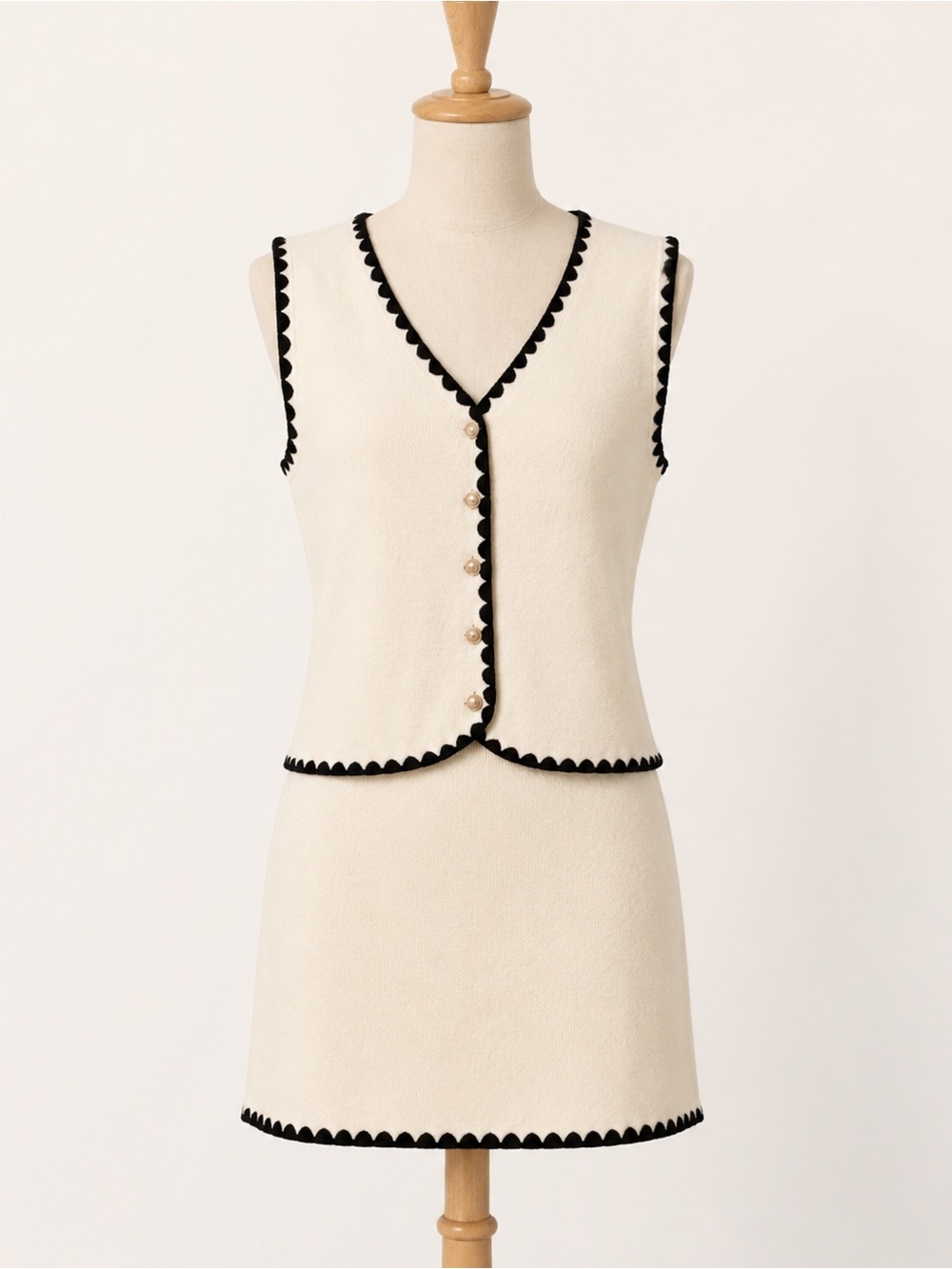 Cream Knit Button Front Vest and Skirt with Black Trim